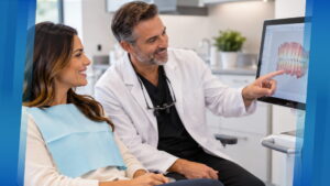 Dentist reviewing a 3D digital dental scan with a patient during an implant consultation